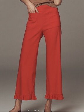 Anthropologie COLETTE Cropped Wide-Leg Ruffle Hem Pants Maeve Magic Fabric RED